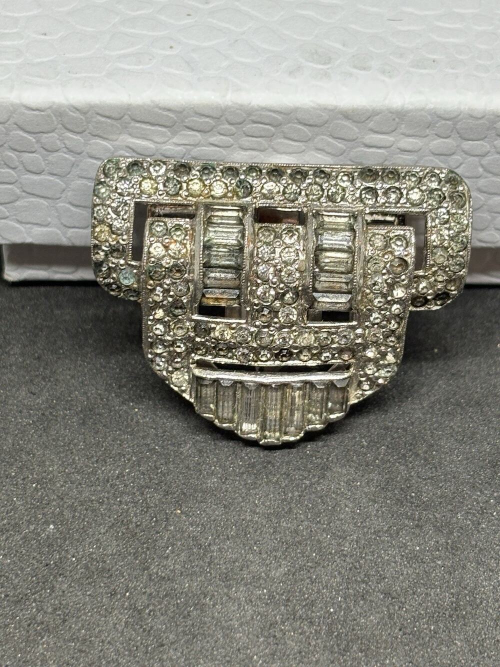 Vintage KTF Trifari 1930s Art Deco Rhodium Pave Rhinestone Dress Clip Rare